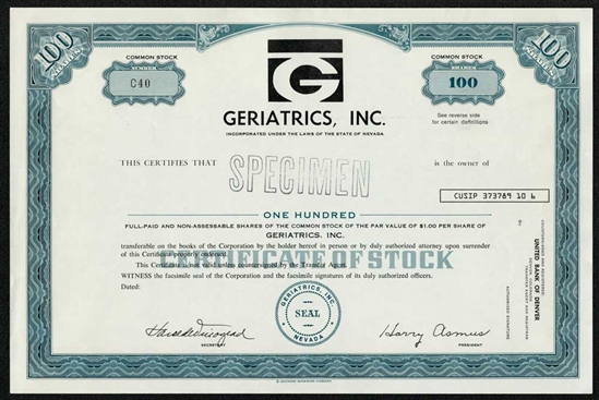 Geriatrics, Inc. Specimen Stock Certificate - Blue