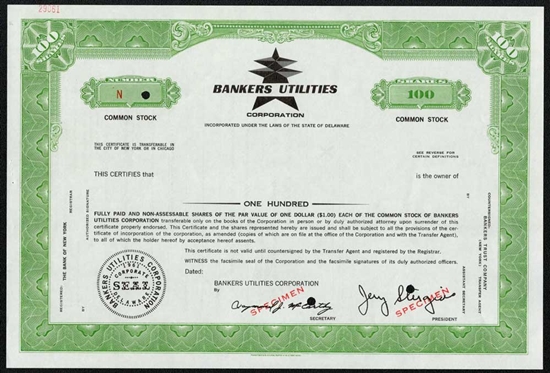 Bankers Utilities Corporation Specimen Stock Certificate