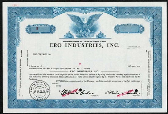 Ero Industries Specimen Stock Certificate