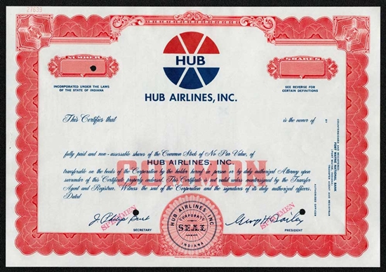 HUB Airlines, Inc. Specimen Stock Certificate