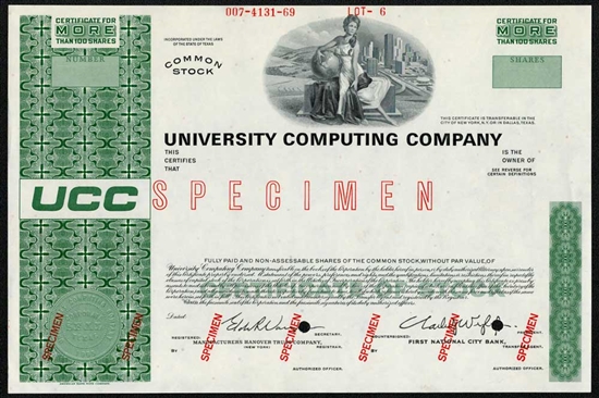 University Computing Company Specimen Stock Certificate