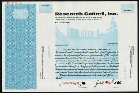 Research-Cottrell, Inc. Specimen Stock Certificate