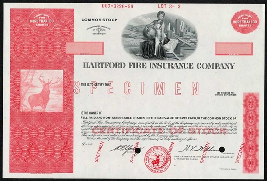 Hartford Fire Insurance Company Specimen Stock Certificate