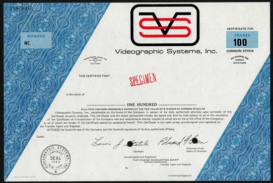 Videographics Systems, Inc. Specimen Stock Certificate