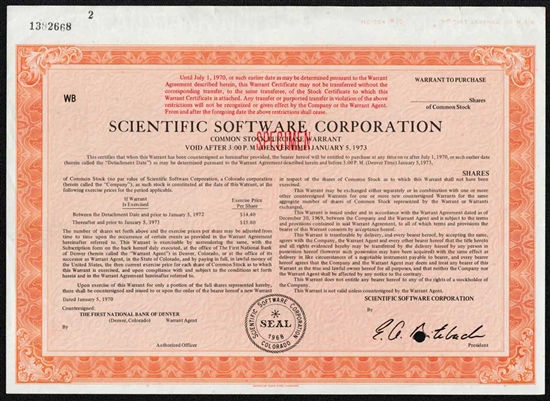 Scientific Software Corporation Specimen Stock Certificate