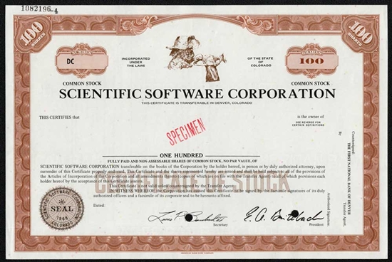 Scientific Software Corporation Specimen Stock Certificate