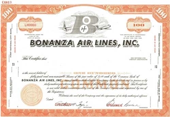 Bonanza Air Lines, Inc. Specimen Stock Certificate