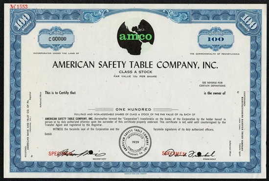 American Safety Table Company, Inc. Specimen Stock Certificate