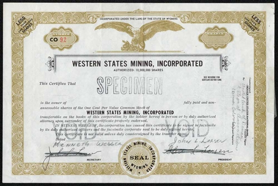 Western State Mining, Inc.  Specimen Stock Certificate -Olive