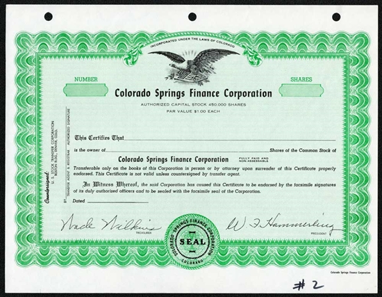 Colorado Springs Finance Corporation Specimen Stock Certificate