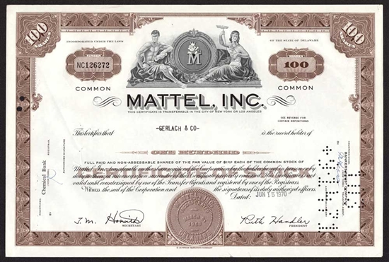 Mattel, Inc. Stock Certificate