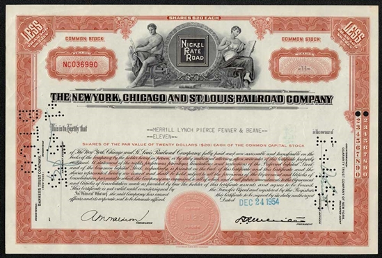 The New York, Chicago and St. Louis Railroad Company Stock Certificate