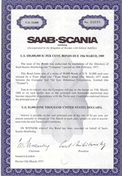 Saab-Scania Swedish Bond Certificate