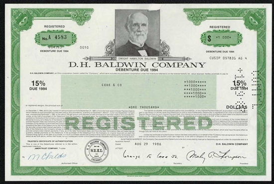 D.H. Baldwin Company Bond Certificate
