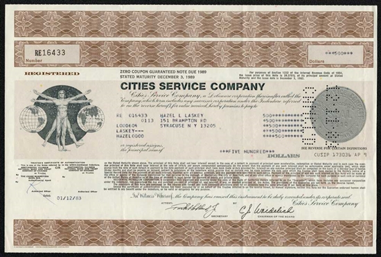 Cities Service Company Bond Certificate