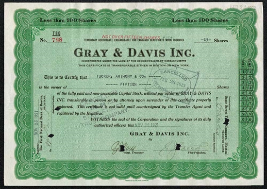 Gray & Davis Inc. Temporary Certificate