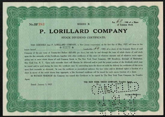 P. Lorillard Company Stock Dividend Certificate