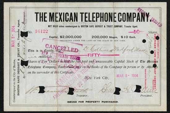 The Mexican Telephone Company Stock Certificate