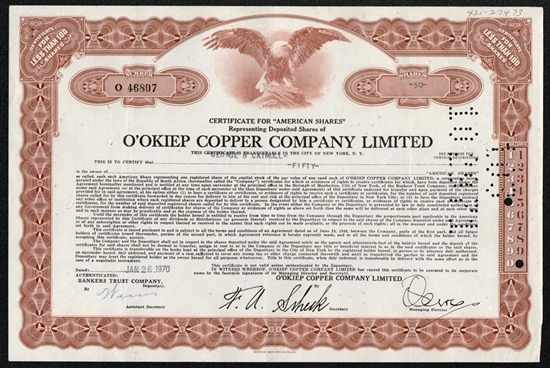 O'Okiep Copper Company Limited Stock Certificate