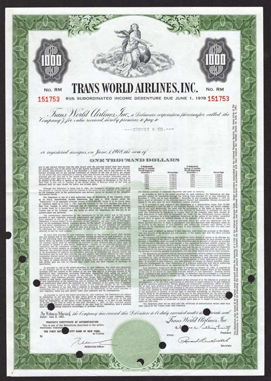 Transworld Airllines Inc. Bond Certificate