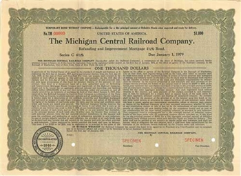 Michigan Central Railroad Company Bond - Green Specimen