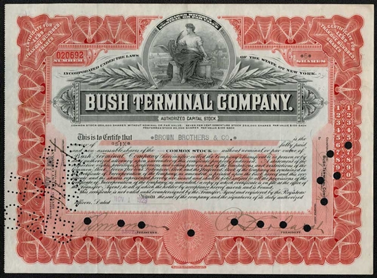 Bush Terminal Company Stock Certificate - Red