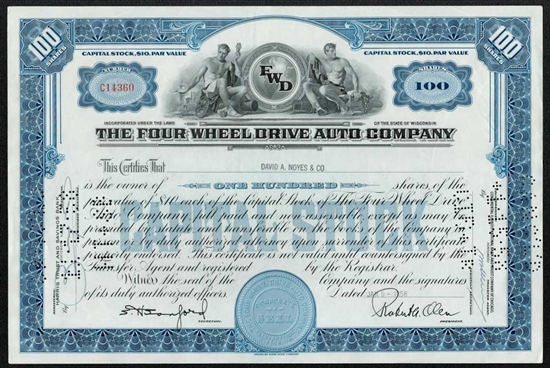The Four Wheel Drive Auto Co. Stock Certificate