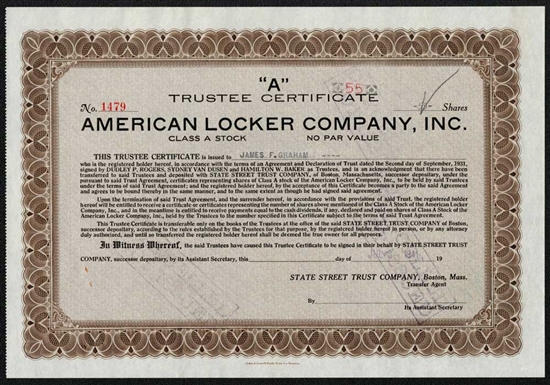 American Locker Company, Inc. Stock Certificate