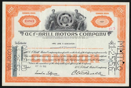 ACF – Brill Motors Company Stock Certificate