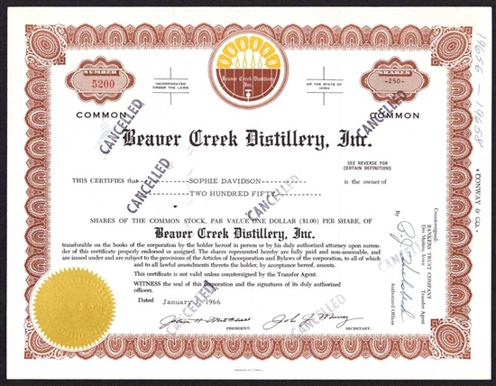 Beaver Creek Distillery, Inc. Stock Certificate