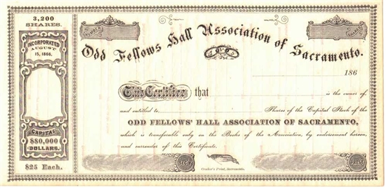 Odd Fellow Hall Association of Sacramento Stock Certificate