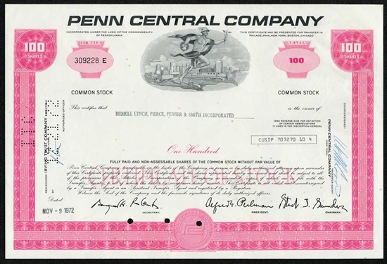 Penn Central Company Stock Certificate - Pink