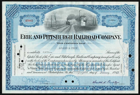 Erie and Pittsburgh Railroad Company Stock Certificate - Blue