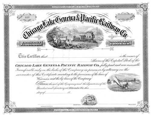 1800s Chicago, Lake Geneva & Pacific Railway Co. Stock Certificate