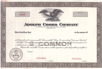 Adolph Coors Company Specimen Stock Certificate