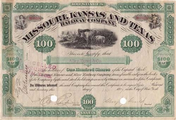 1887 Missouri Kansas and Texas Railway Company Stock Certificate