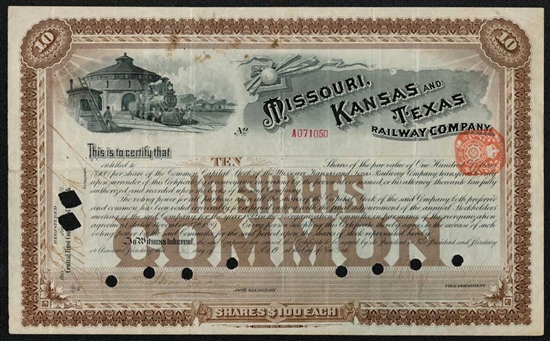 1909 Missouri Kansas and Texas Railway Company Stock Certificate