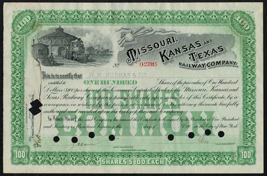 1909 Missouri Kansas and Texas Railway Company Stock Certificate