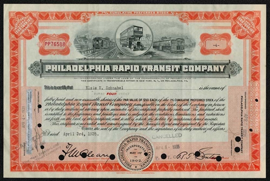 1935 Philadelphia Rapid Transit Company Stock Certificate