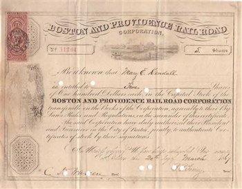 1867 Boston and Providence Railroad Stock Certificate