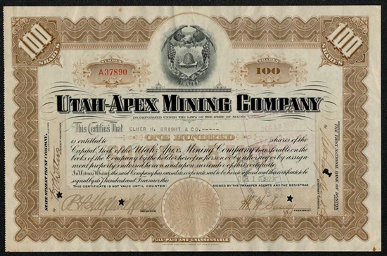 1929 Utah-Apex Mining Company Stock Certificate