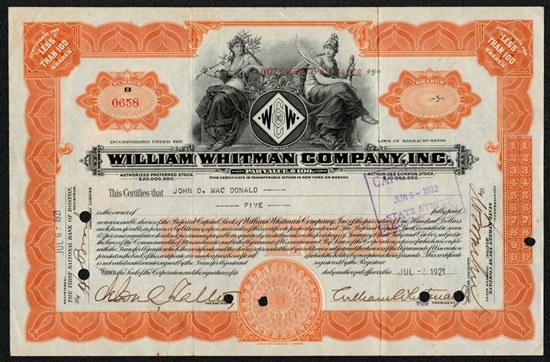 1921 William Whitman Company Inc. Stock Certificate