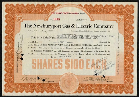 1924 Newburyport Gas & Electric Company Stock Certificate