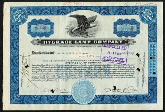 1931 Hygrade Lamp Company Stock Certificate