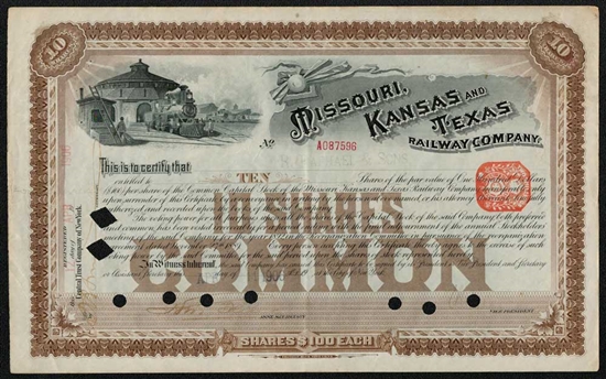1891 Missouri Kansas and Texas Railway Company Stock Certificate