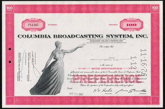 Columbia Broadcasting Systems Inc. (CBS) Stock Certificate