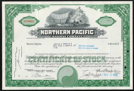 Northern Pacific Railway Company Stock Certificate -1962