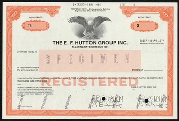 E.F. Hutton Group Inc. Specimen Note Certificate