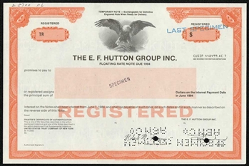 E.F. Hutton Group Inc. Specimen Note Certificate