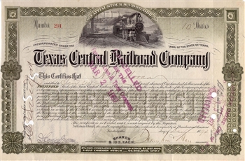 1893 Texas Central Railroad Company Stock Certificate